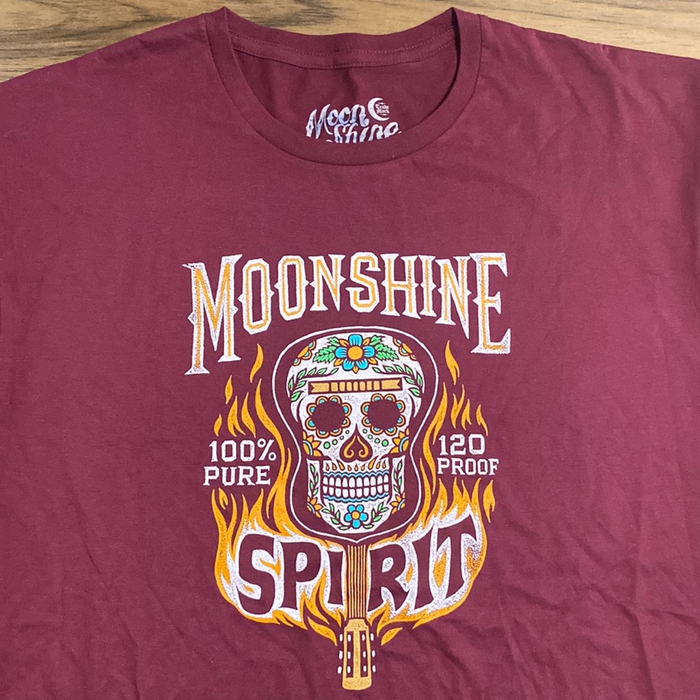Moonshine Spirit “Fine Grade 120 Proof” Graphic Tee – Red/Orange Cotton – Men’s